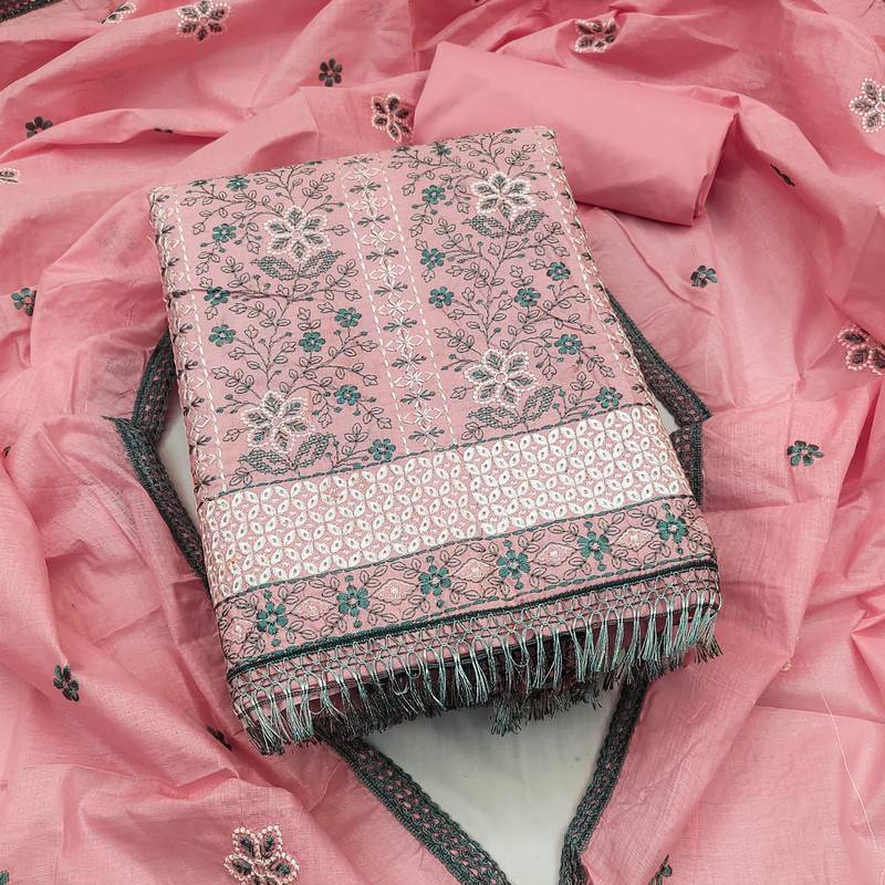 pink organza embroidered dress material