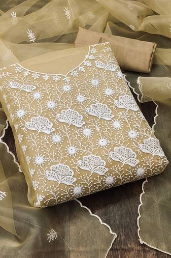 beige organza embroidered dress material
