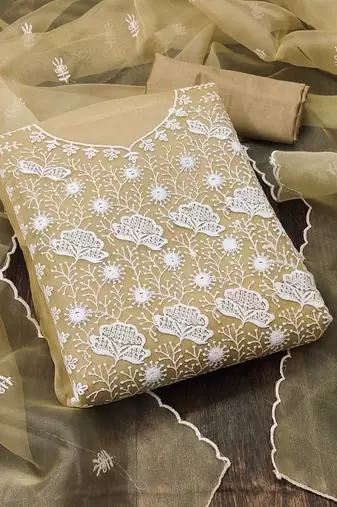 beige organza embroidered dress material