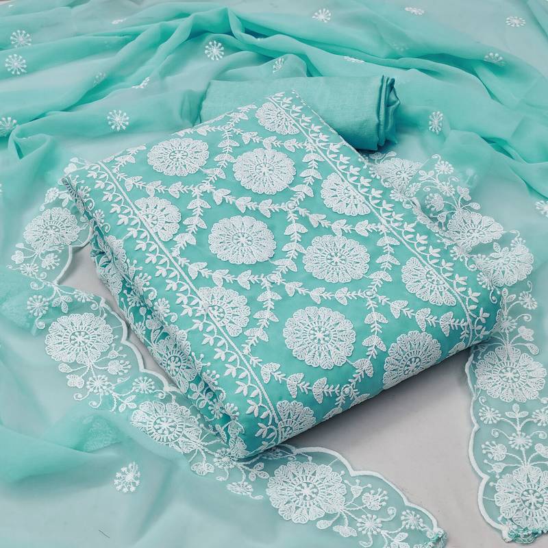 sea green georgette embroidered dress material