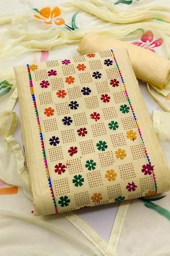 beige cotton embroidered dress material