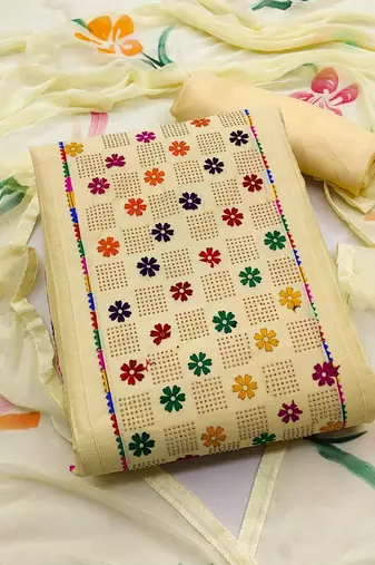 beige cotton embroidered dress material