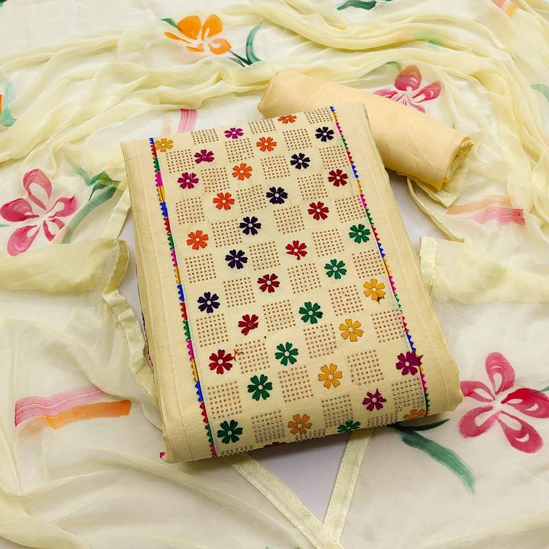 beige cotton embroidered dress material