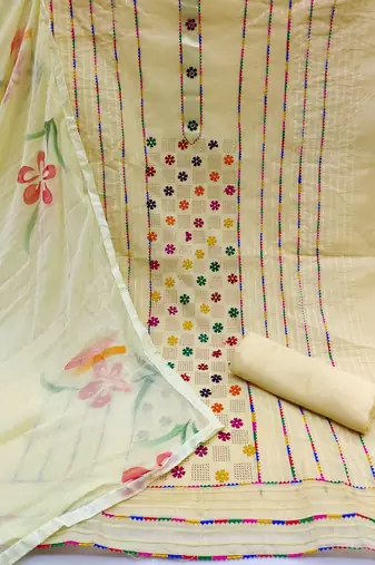 beige cotton embroidered dress material