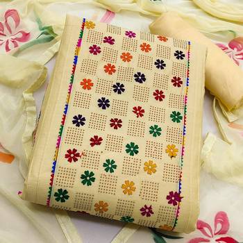 beige cotton embroidered dress material 3