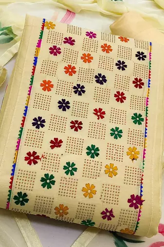 beige cotton embroidered dress material