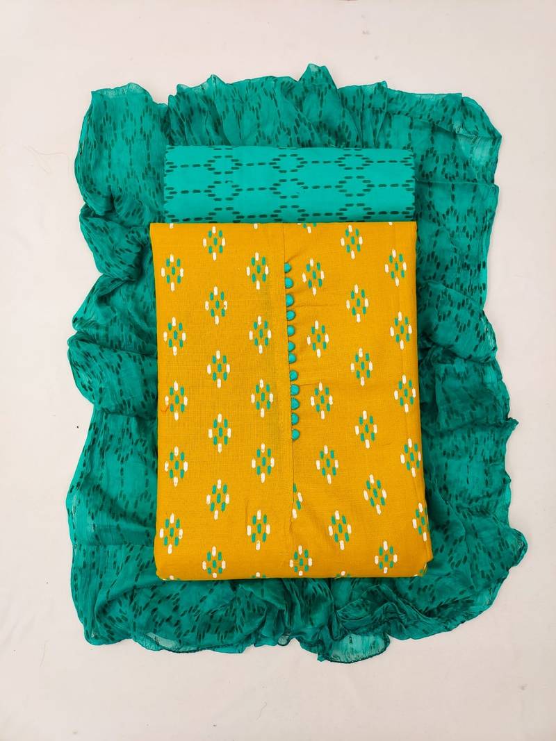 yellow cotton printed dress material