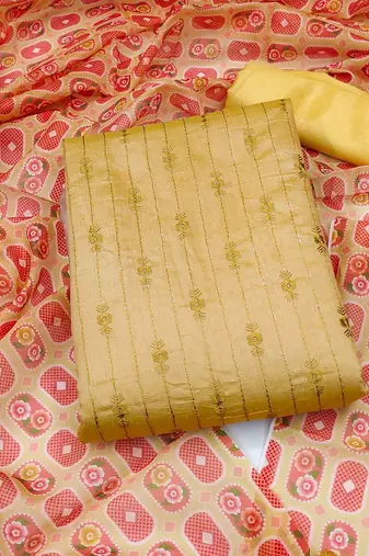 beige chanderi embroidered dress material