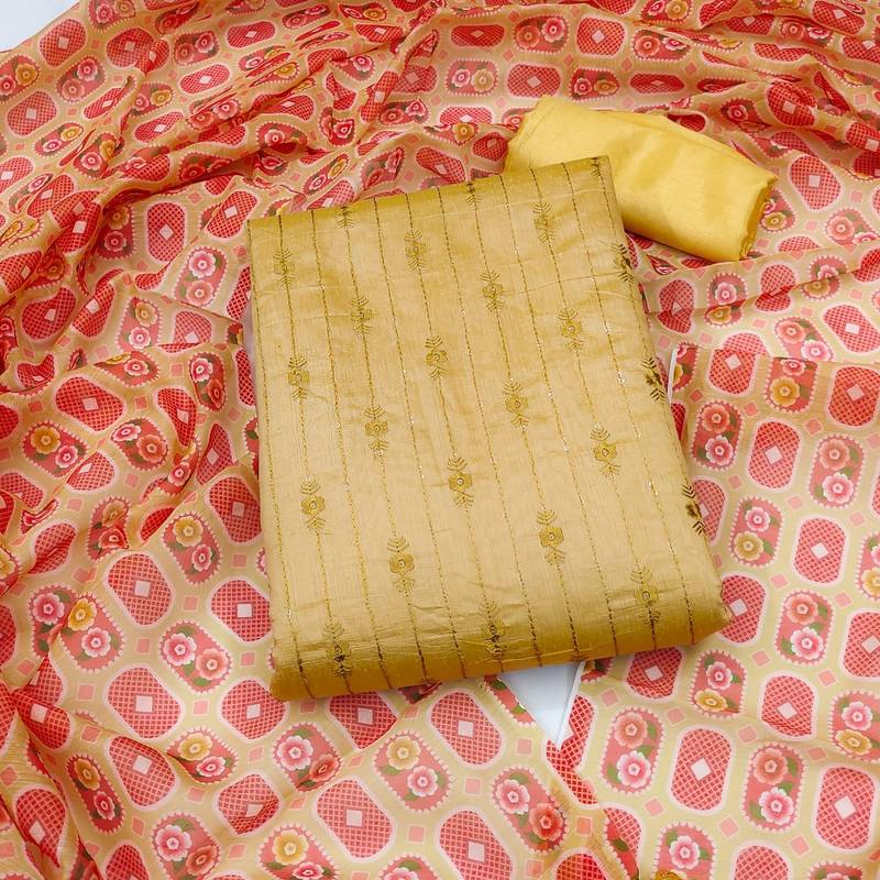 beige chanderi embroidered dress material