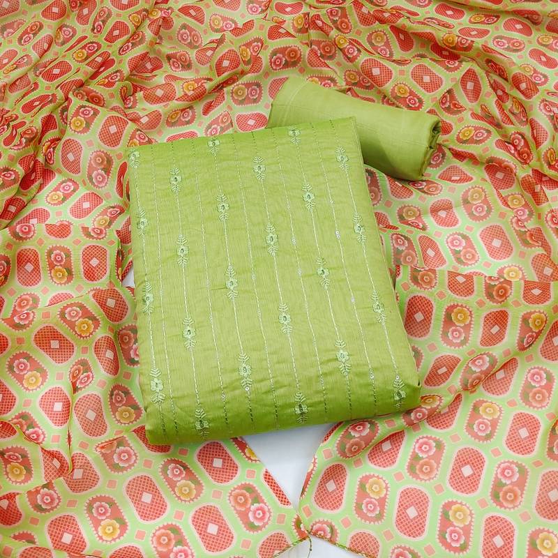 green chanderi embroidered dress material