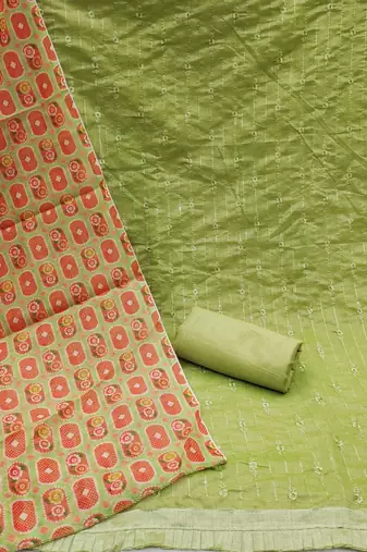 green chanderi embroidered dress material