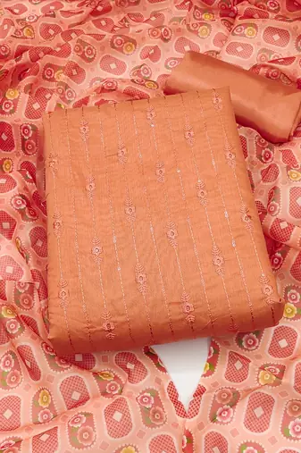 peach chanderi embroidered dress material
