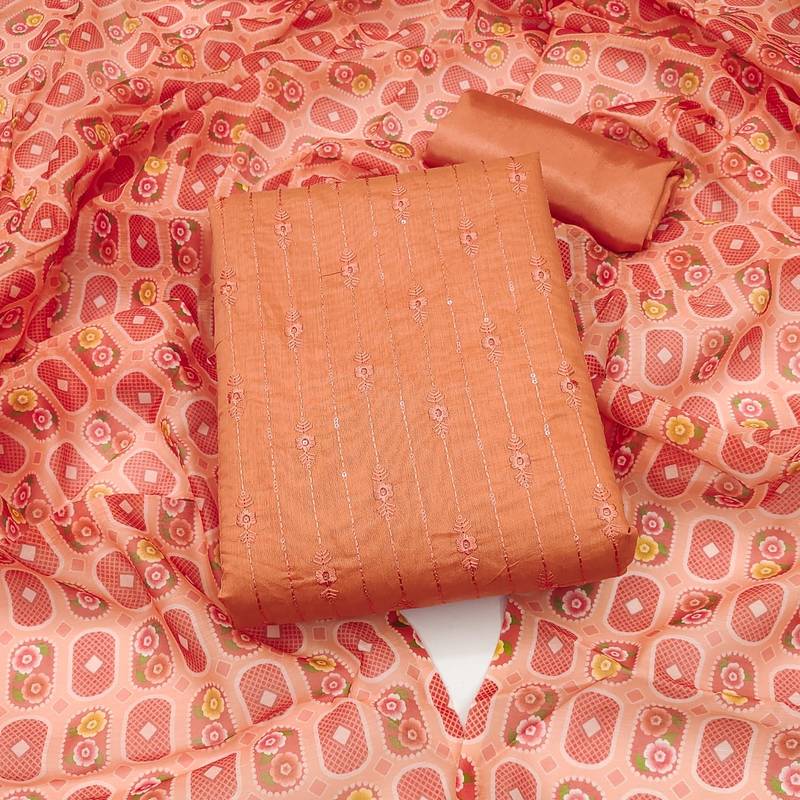 peach chanderi embroidered dress material