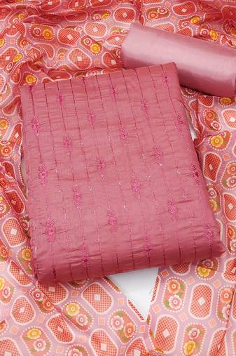 pink chanderi embroidered dress material