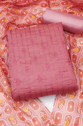 pink chanderi embroidered dress material