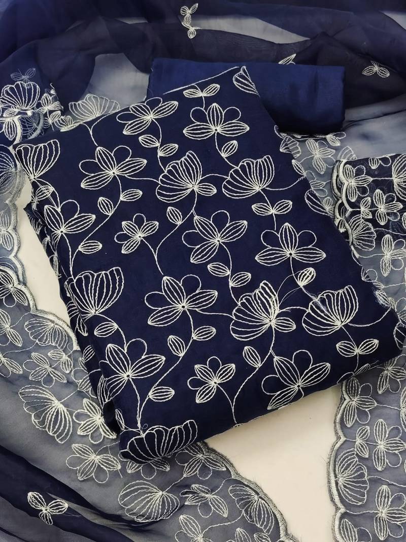 blue organza embroidered dress material