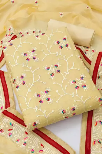 yellow cotton embroidered dress material