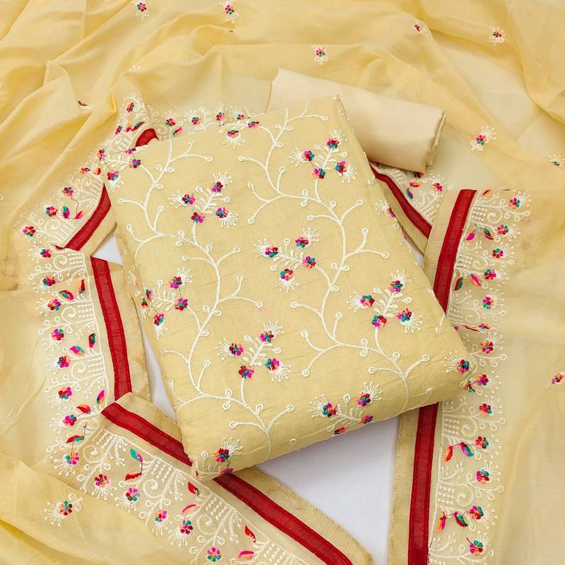yellow cotton embroidered dress material