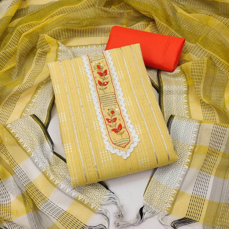 yellow cotton hand embroidery dress material