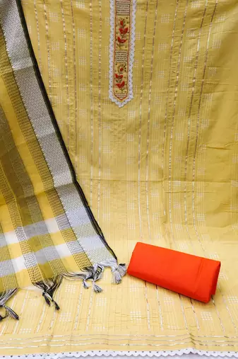 yellow cotton hand embroidery dress material