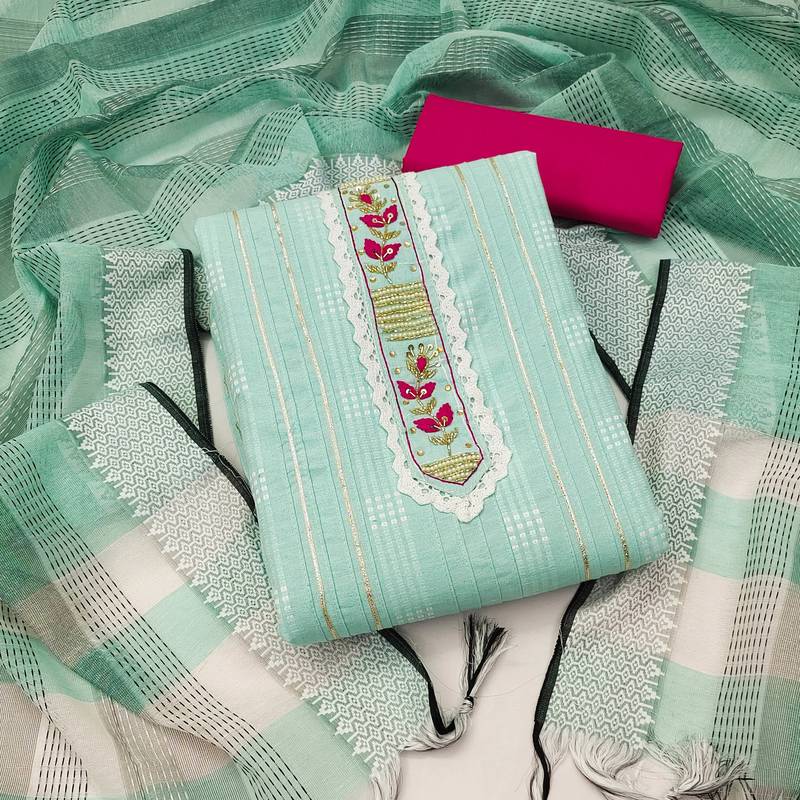 sky blue cotton hand embroidery dress material