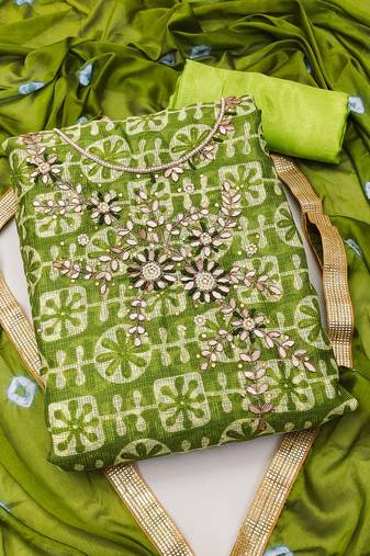 green cotton hand embroidery dress material