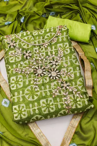 green cotton hand embroidery dress material