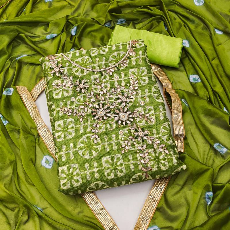 green cotton hand embroidery dress material