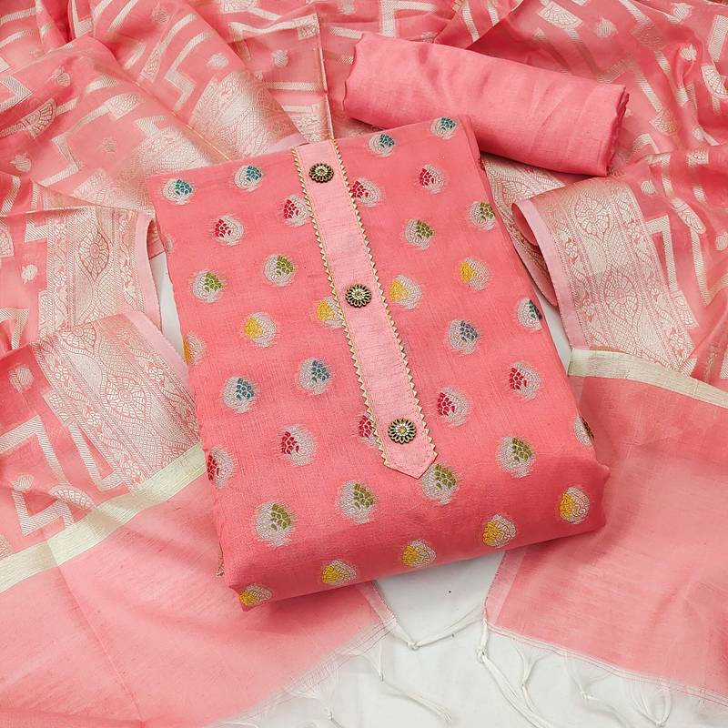 peach jacquard woven dress material