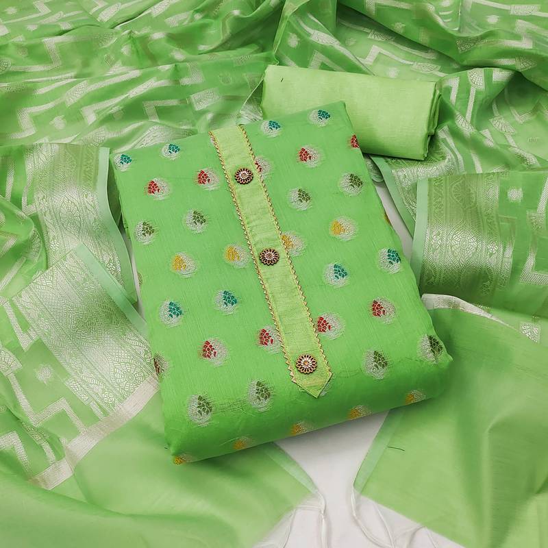 green jacquard woven dress material