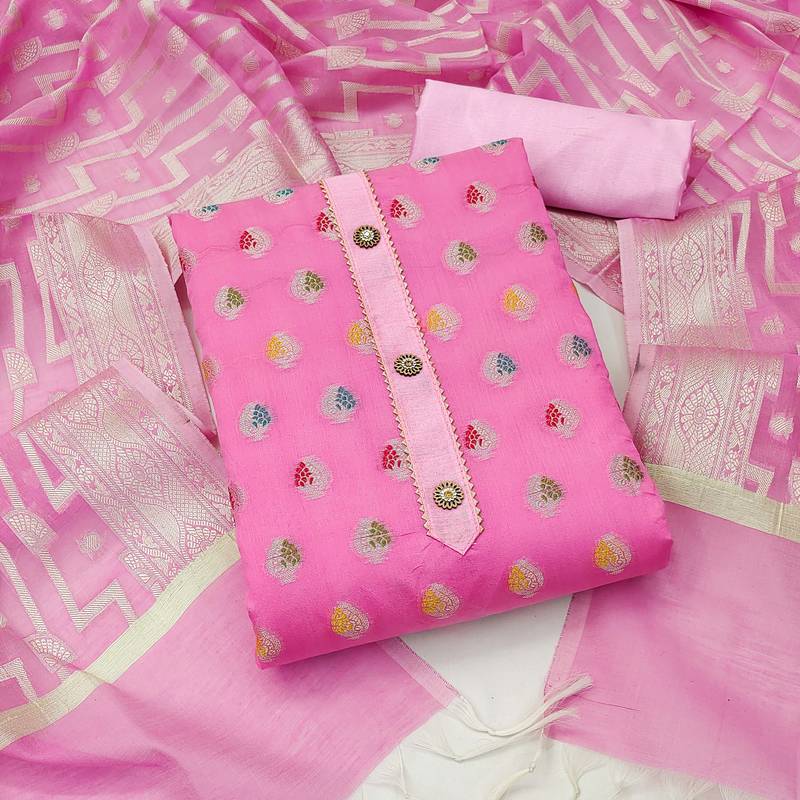 pink jacquard woven dress material