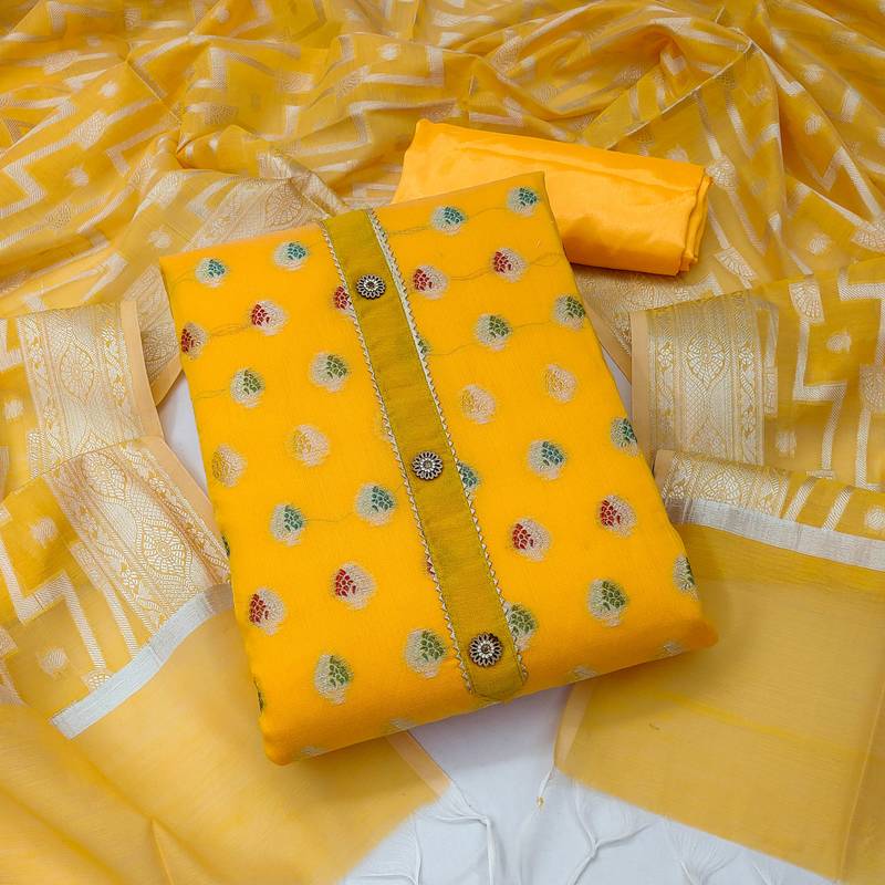 yellow jacquard woven dress material