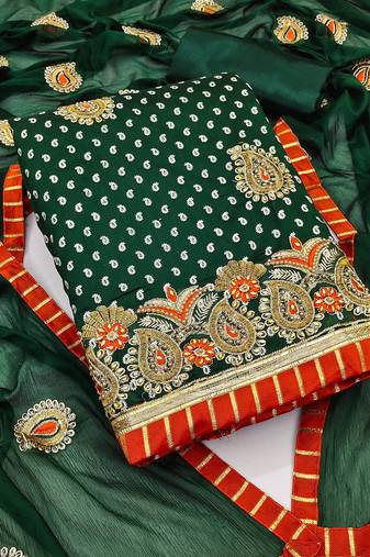 green chanderi embroidered dress material