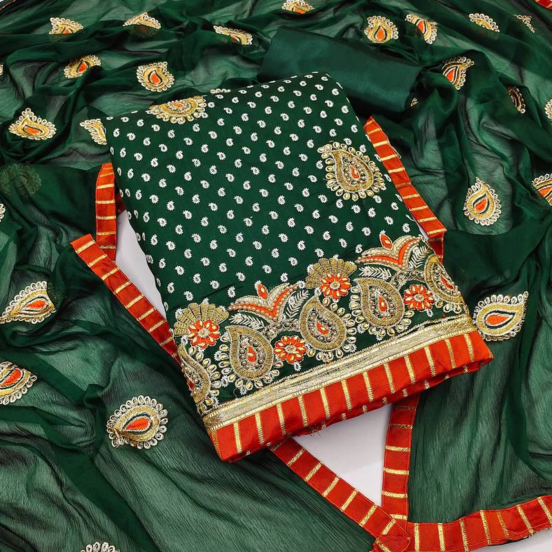 green chanderi embroidered dress material