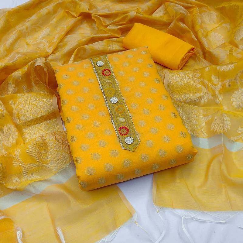 yellow jacquard woven dress material