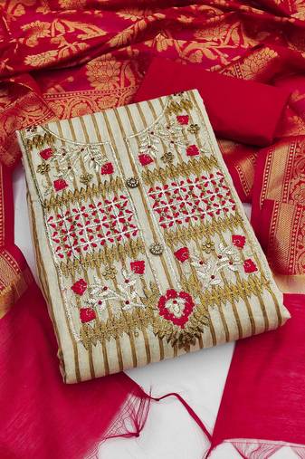 beige cotton embroidered dress material