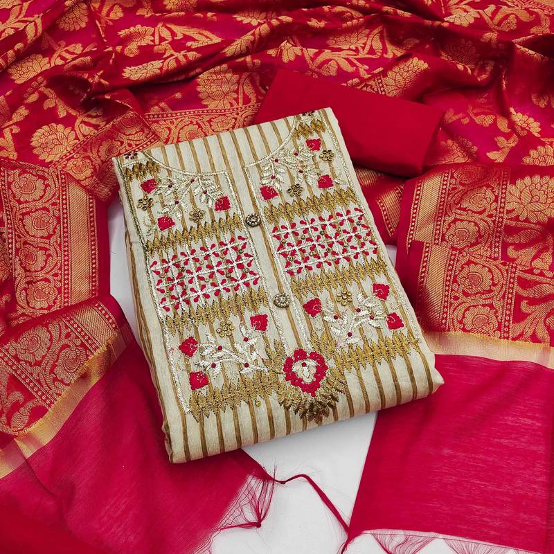 beige cotton embroidered dress material