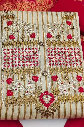 beige cotton embroidered dress material