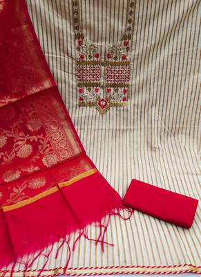 beige cotton embroidered dress material 3