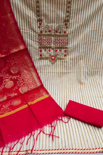 beige cotton embroidered dress material