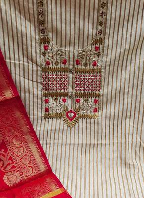 beige cotton embroidered dress material 4