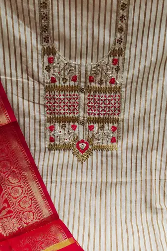 beige cotton embroidered dress material