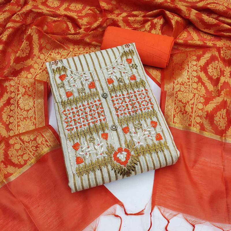 beige cotton embroidered dress material