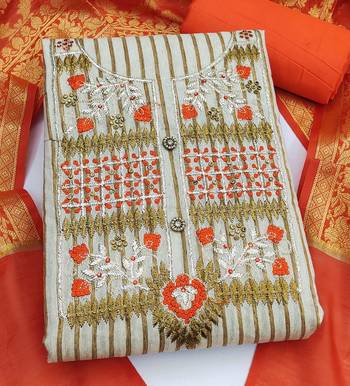 beige cotton embroidered dress material 2