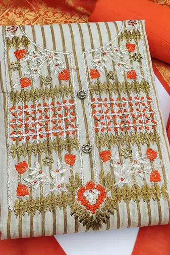 beige cotton embroidered dress material