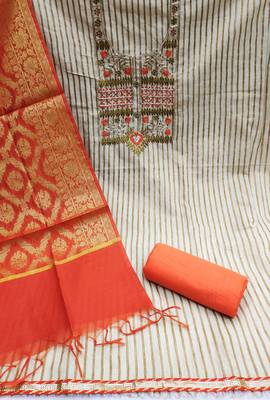 beige cotton embroidered dress material 3