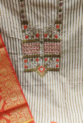 beige cotton embroidered dress material 4