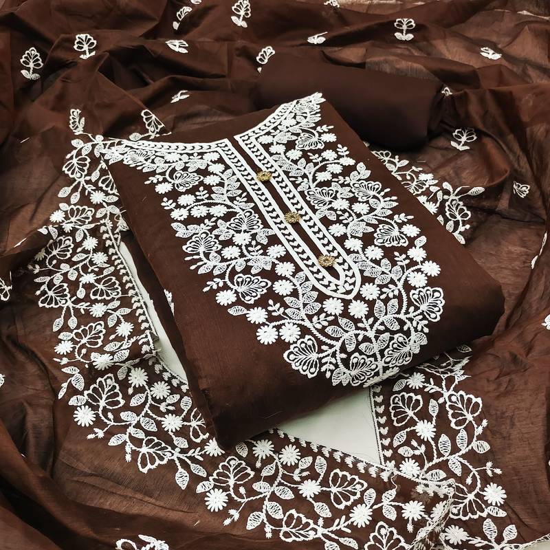 brown cotton embroidered dress material