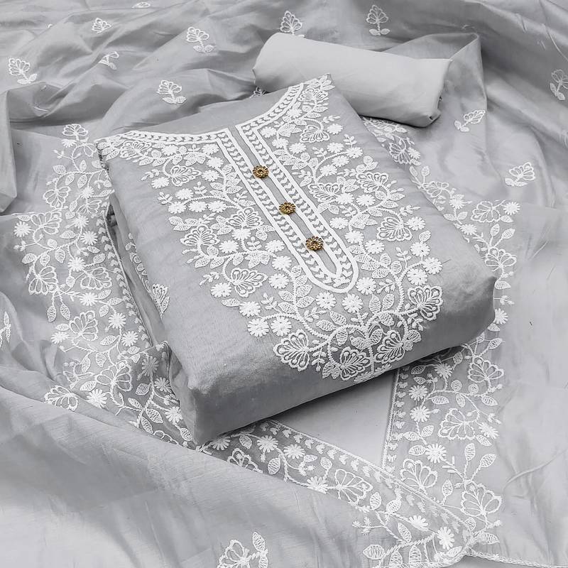 grey cotton embroidered dress material