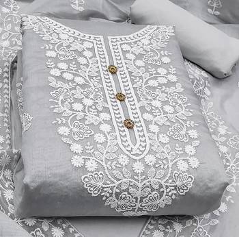 grey cotton embroidered dress material 2